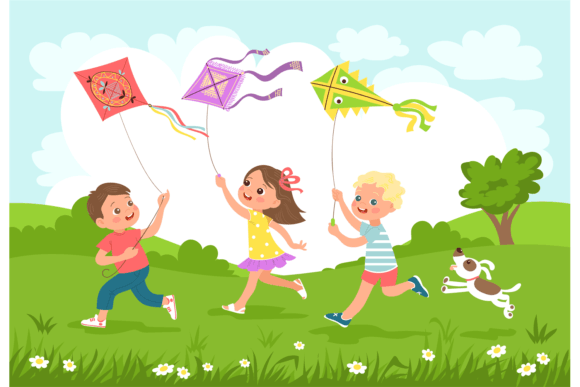 Download Children Fly Kites. Happy Kids Running a - Happy kids Collection